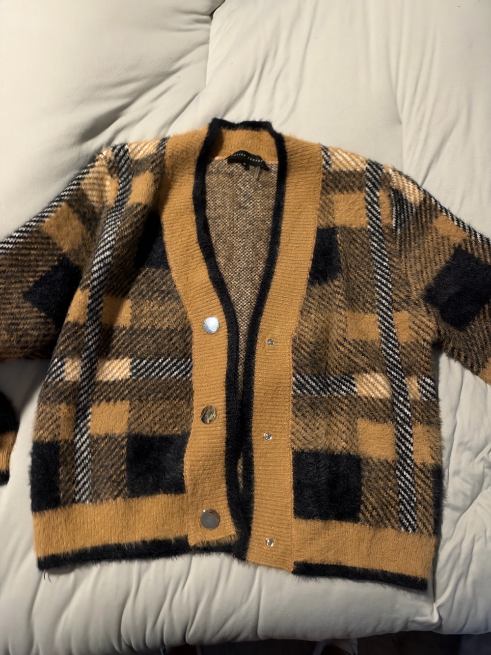 English Factory plaid heavy cardigan, metal snaps